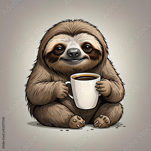 Funny cartoon drawing of a happy sloth having a morning coffee. Amazing digital illustration. CG Artwork Background