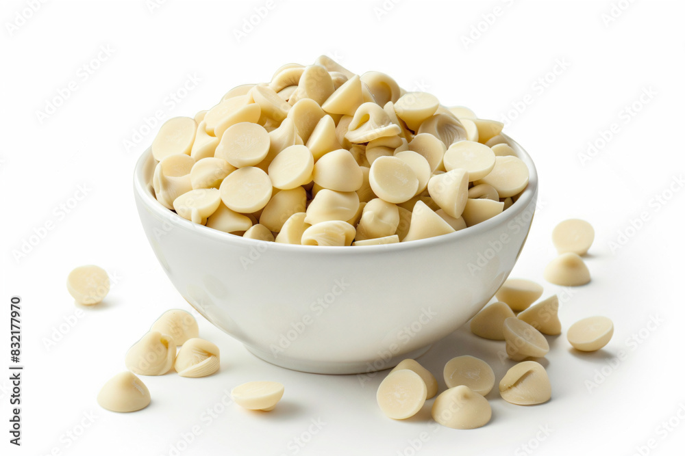 a bowl of white chocolate chips on a white surface a bowl of white chocolate chips on a white surface