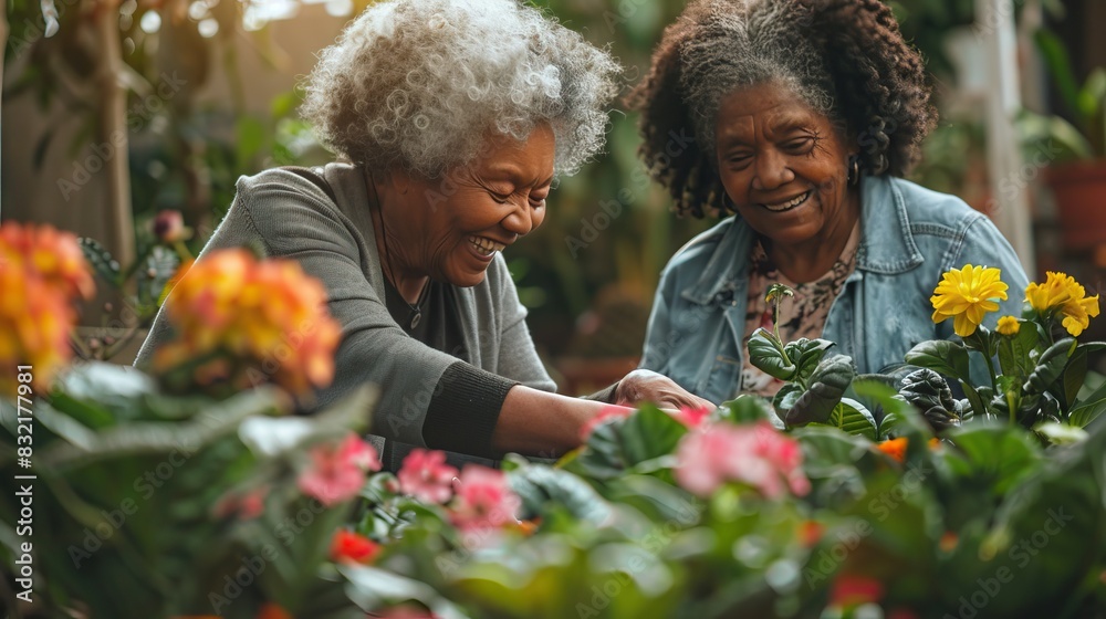 Two elderly women enjoying a gardening activity together, surrounded by colorful flowers in a warm, sunny greenhouse.