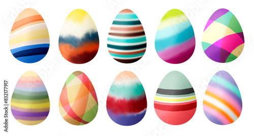 Isolated colorful set of Easter eggs painted in bright stripes