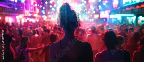 A woman stands in the midst of a vibrant, crowded nightclub with colorful lights and lively atmosphere, capturing the essence of nightlife and celebration.