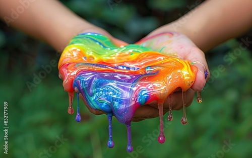 Two hands holding vibrant, multicolored slime dripping and stretching, creating an abstract, playful visual against a blurred green background.