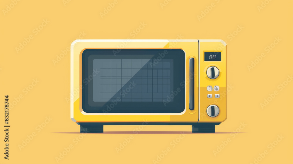 Modern yellow microwave oven with control knobs on an orange background, ideal for kitchen appliance and home decor themes.