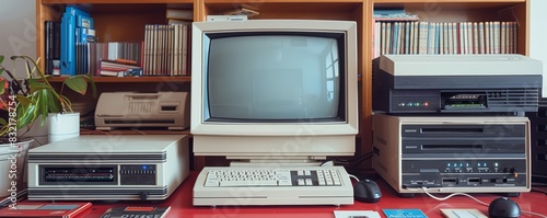 Retro 1980s computer setup with CRT monitor and floppy disks, isolated white background, high detail, copy space