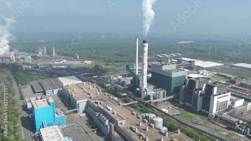 Aerial hyperlapse, time lapse on a Lignite power plant and processing installation.Knapsacker Hill Power Plant. Coal fired power plant with process steam extraction. photo
