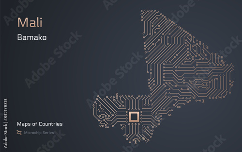 Mali Map with a capital of Bamako Shown in a Microchip Pattern with processor. E-government. World Countries vector maps. Microchip Series	