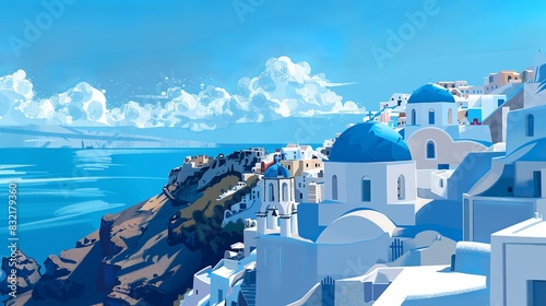 an illustration of greece landscape, blue and white, beautiful, tipycal, bird view, photo