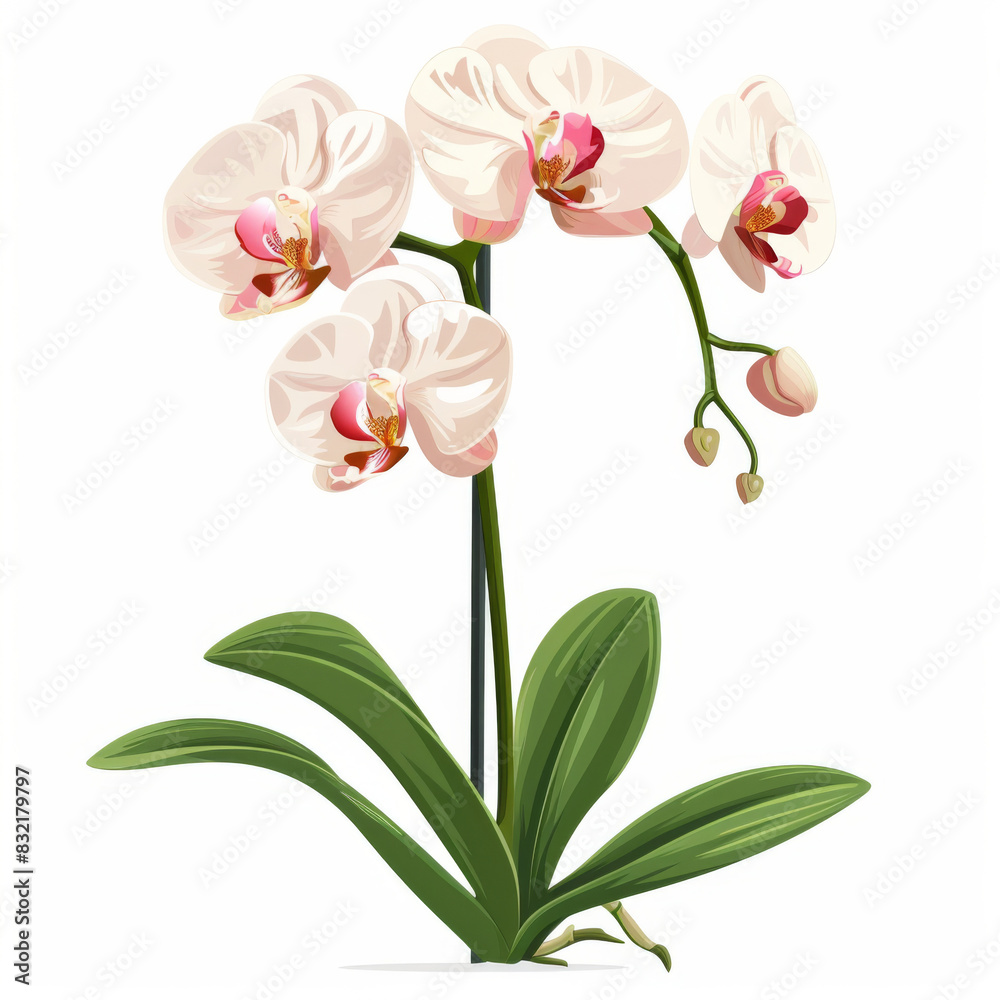 Elegant illustration of a blooming white orchid plant with lush green leaves, highlighting its beauty and grace.