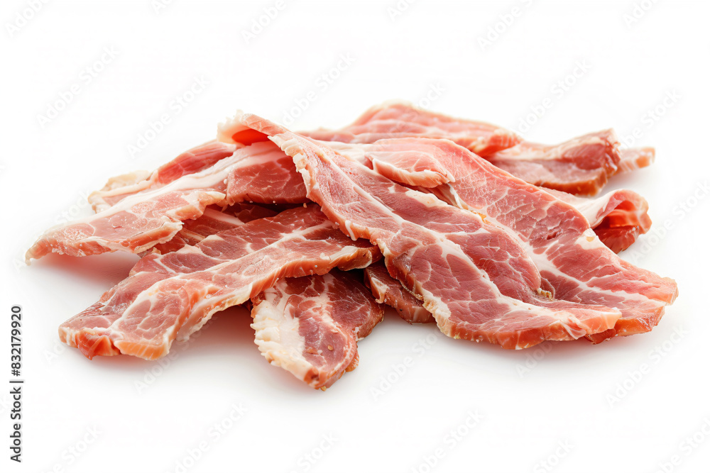 a pile of bacon sitting on top of a white surface a pile of bacon sitting on top of a white surface
