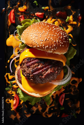 Delicious burger with melting cheese. Top view, flat lay. Ai Generative