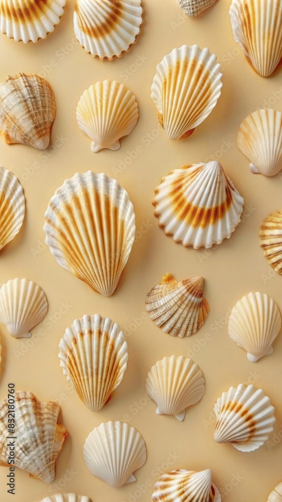 Seashells pattern on beige background, top view. summer concept with seacell objects for your design. flat lay composition Seashells pattern on beige background, top view. summer concept with seacell objects for your design. flat lay composition