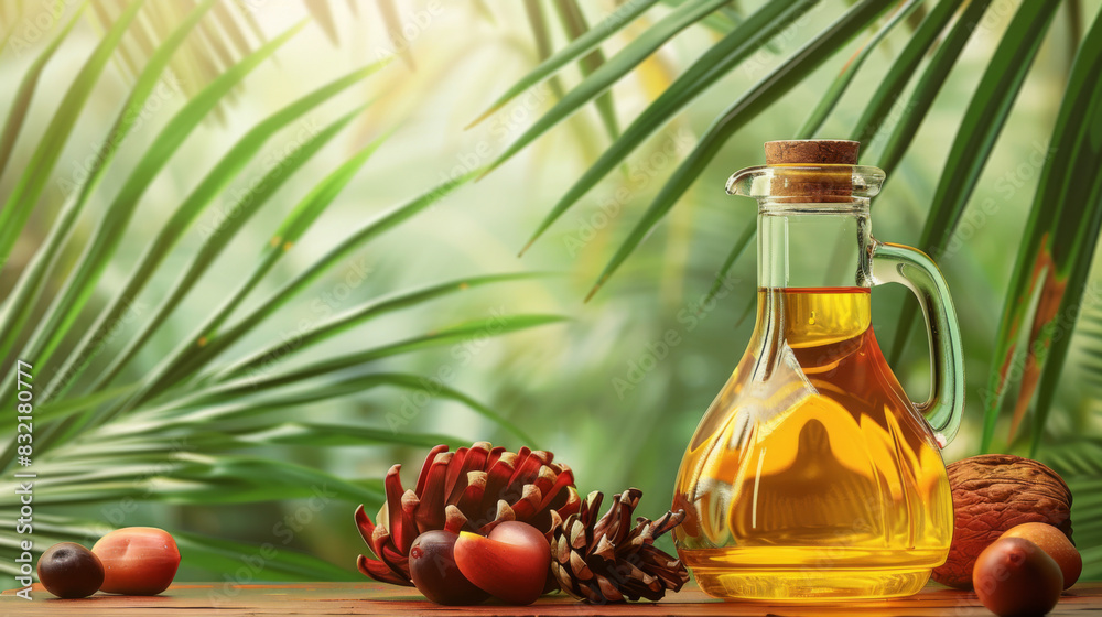 Close-up of a glass bottle of palm oil with palm fruits on a wooden table, surrounded by tropical leaves. Close-up of a glass bottle of palm oil with palm fruits on a wooden table, surrounded by tropical leaves.