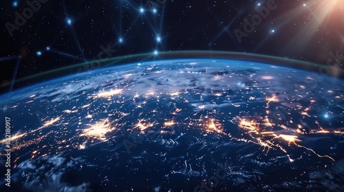 Global network on earth from space, world finance connectivity, business trading, telecommunications