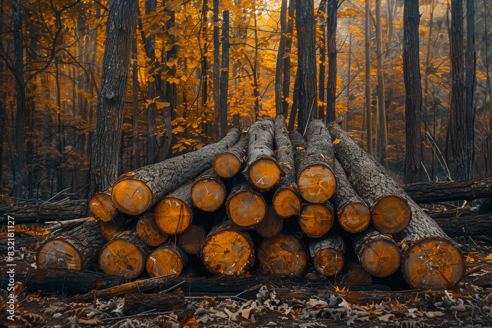 Sunlit forest path with cut tree logs. Misty atmosphere with sunlight filtering through tall trees Sunlit forest path with cut tree logs. Misty atmosphere with sunlight filtering through tall trees
