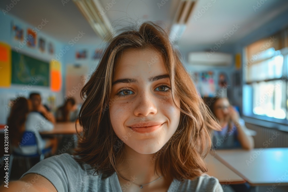 In the serene atmosphere of a classroom as an American caucasian student woman captures a self-portrait, her eyes reflecting pure happiness and ease. In the serene atmosphere of a classroom as an American caucasian student woman captures a self-portrait, her eyes reflecting pure happiness and ease.