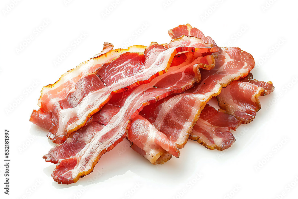 a pile of bacon sitting on top of a white plate a pile of bacon sitting on top of a white plate