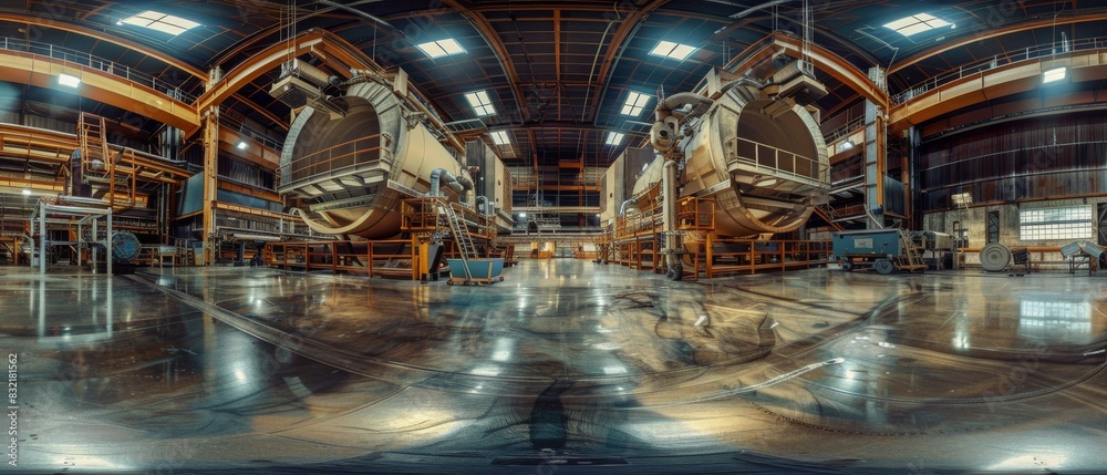 Panoramic view of an expansive industrial factory interior featuring large machinery, high ceilings, and a reflective floor.