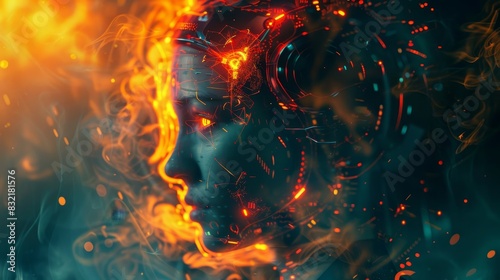 Resembling a young woman cyborg or android, a humanoid AI robot on an abstract digital background.