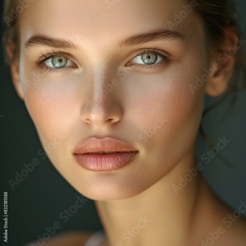 Portrait of a beautiful young woman with freckles  dark hair and blue eyes. She looks at the camera. Close-up. Natural beauty concept  facial care  cosmetology  beauty and spa. Place for text. Banner