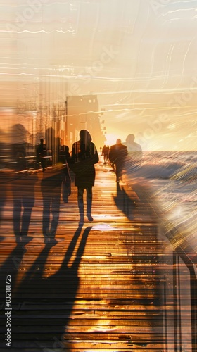 People walking along a sunlit pier at sunset  with reflections creating a dreamy  abstract effect.