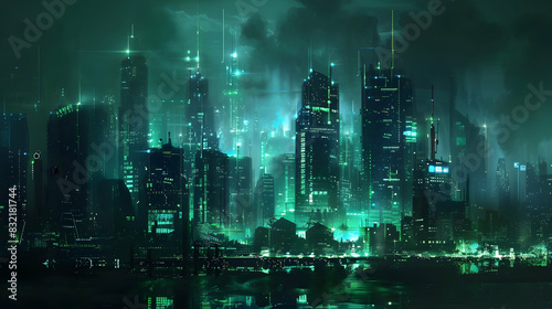 Sci-fi City Skyline with Green and Blue Neon lights. Night scene with Advanced Skyscrapers.