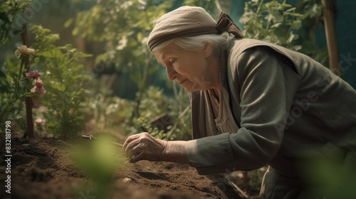 Elderly woman enjoying gardening outdoor.