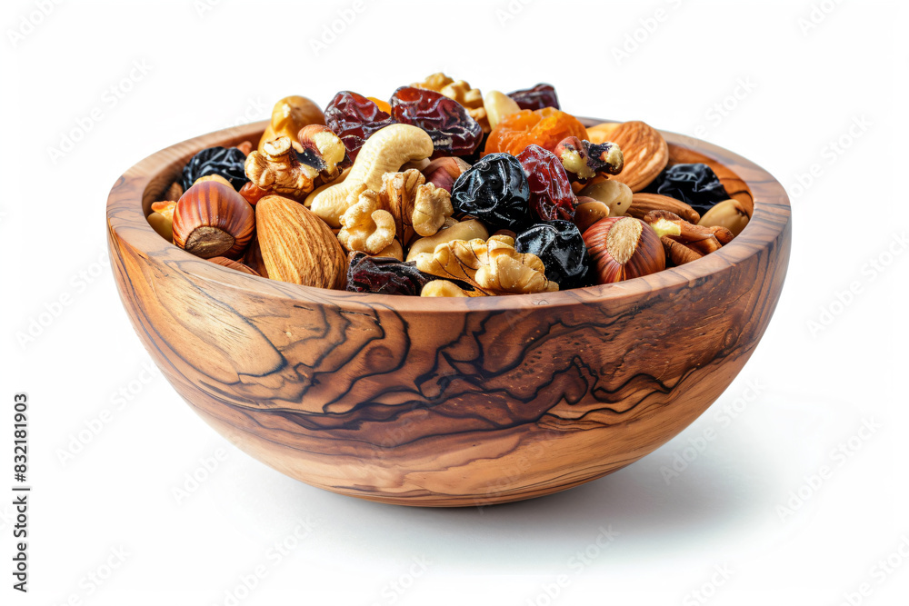 a wooden bowl filled with nuts and raisins a wooden bowl filled with nuts and raisins