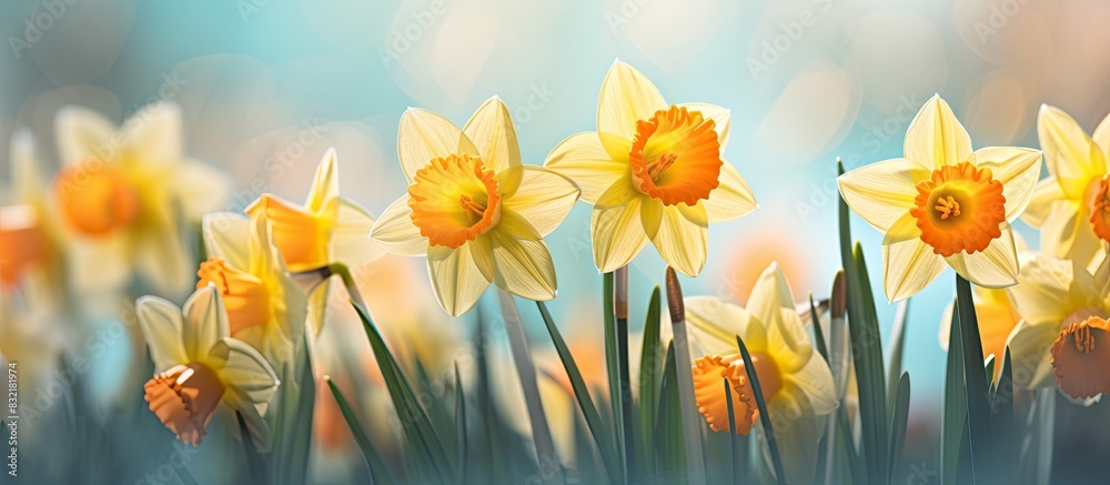 Closeup of bright yellow daffodils. Creative banner. Copyspace image