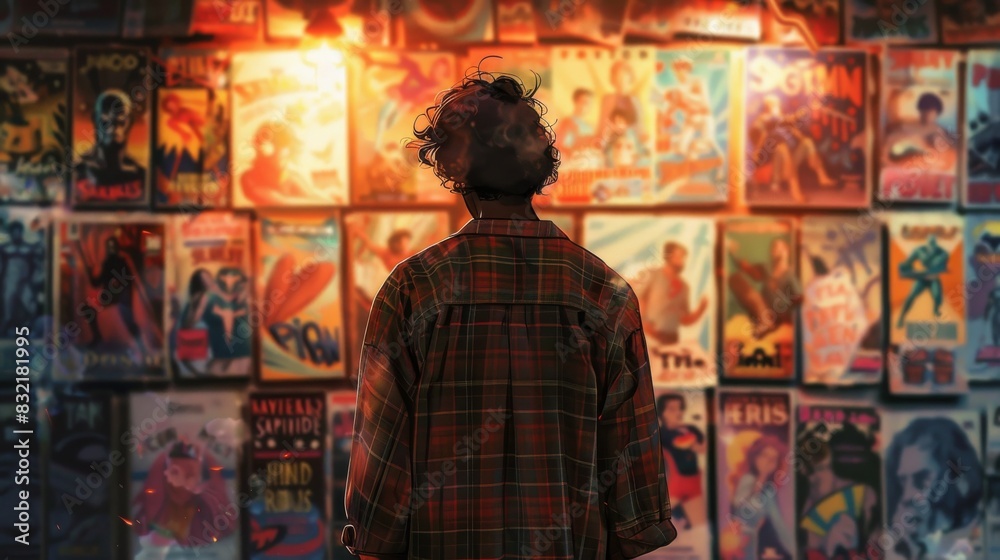 Person in plaid shirt stands with back facing the camera, examining a wall covered in colorful comic book covers under vibrant lighting.