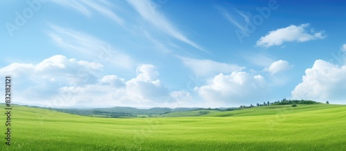 Beautiful summer sunny landscape with a green meadow and blue sky. Creative banner. Copyspace image