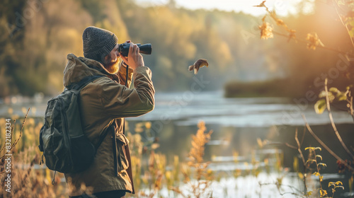 Male birdwatcher with birdwatching binoculars