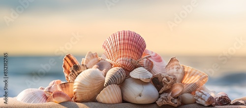 A pile of shells on a rock created by nature. Creative banner. Copyspace image photo