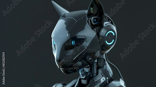 Cat headed humanoid robot, sci-fi cyberpunk 3d photo