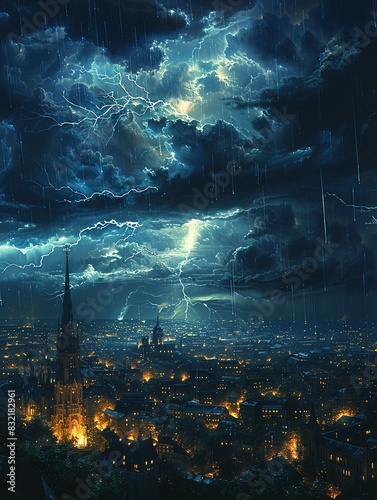 Dramatic lightning storm over a city at night  illuminating the skyline with striking bolts of lightning and illuminated clouds.