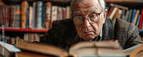 Old librarian with glasses organizing vintage comic books, dusty library, isolated white background, high detail, retro feel photo