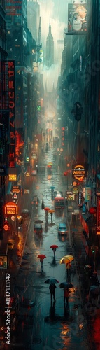 Moody cityscape in rain with neon lights and people with umbrellas. Urban night  vibrant street scene capturing the pulse of city life.