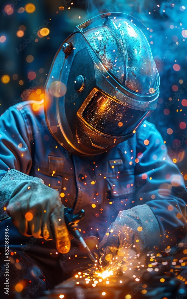 Welder in protective gear working with spark effects, creating a vibrant and energetic scene in a workshop environment. Welder in protective gear working with spark effects, creating a vibrant and energetic scene in a workshop environment.
