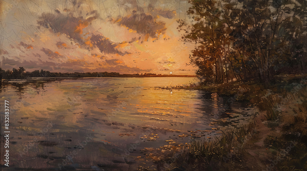 Serene lakeside sunset with vibrant sky and tranquil water Serene lakeside sunset with vibrant sky and tranquil water
