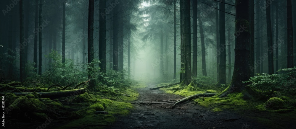 Naklejka premium Forest flowing in the shadow of clouds. Creative banner. Copyspace image