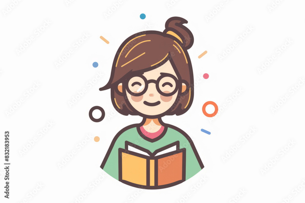 Cute cartoon teacher reading a book with a happy expression Cute cartoon teacher reading a book with a happy expression