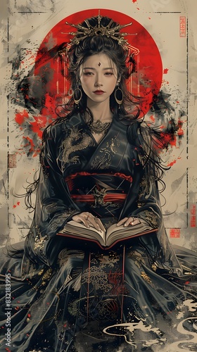 Fantasy Portrait of a Gothic Lady in a Black Dress with Vintage Style, Japanese Fashion, and Dark Glamour