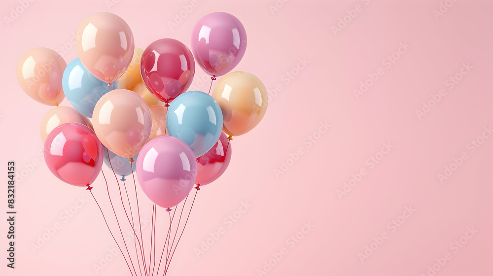 Set of colorful balloons with empty space for text. Realistic background for birthday, anniversary, wedding, holiday congratulation banners. Festive template for social media. 3D render illustration.