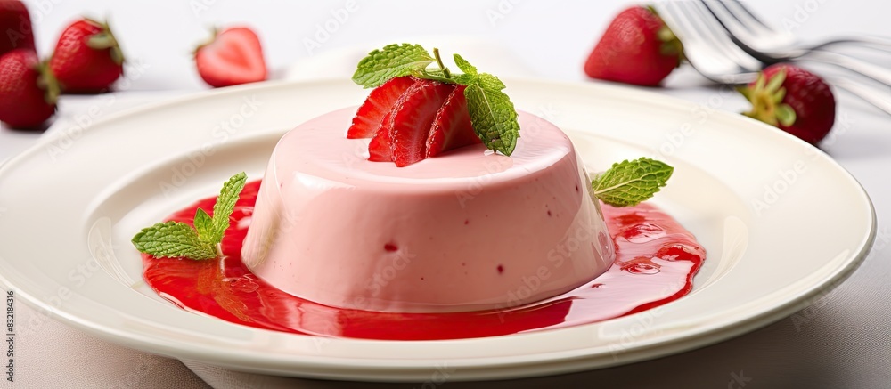 creamy strawberry pudding with sauce on a plate on a light background. Creative banner. Copyspace image creamy strawberry pudding with sauce on a plate on a light background. Creative banner. Copyspace image