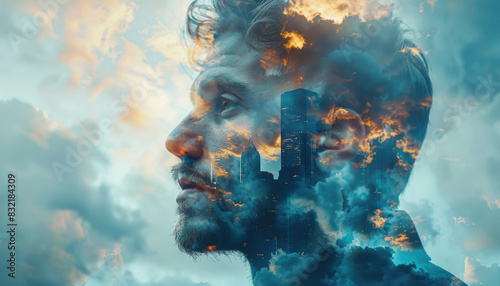 A man's face is shown in a distorted way, with a city in the background by AI generated image