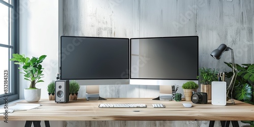 Modern workspace with dual monitors and clutterfree desk, isolated white background, high detail, techsavvy setup photo