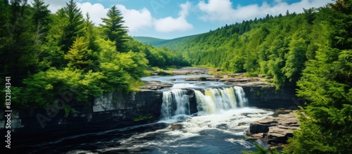 Blackwater Falls on a cloudy summer day with green foliage. Creative banner. Copyspace image