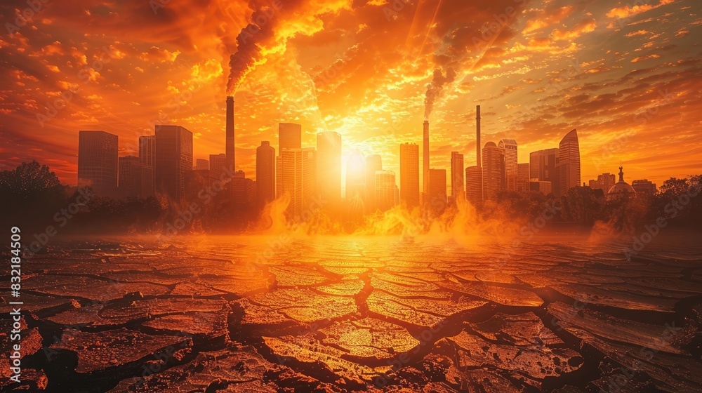 Cityscape under a blazing orange sky, with smoke rising from industrial chimneys and cracked, dry ground in the foreground.