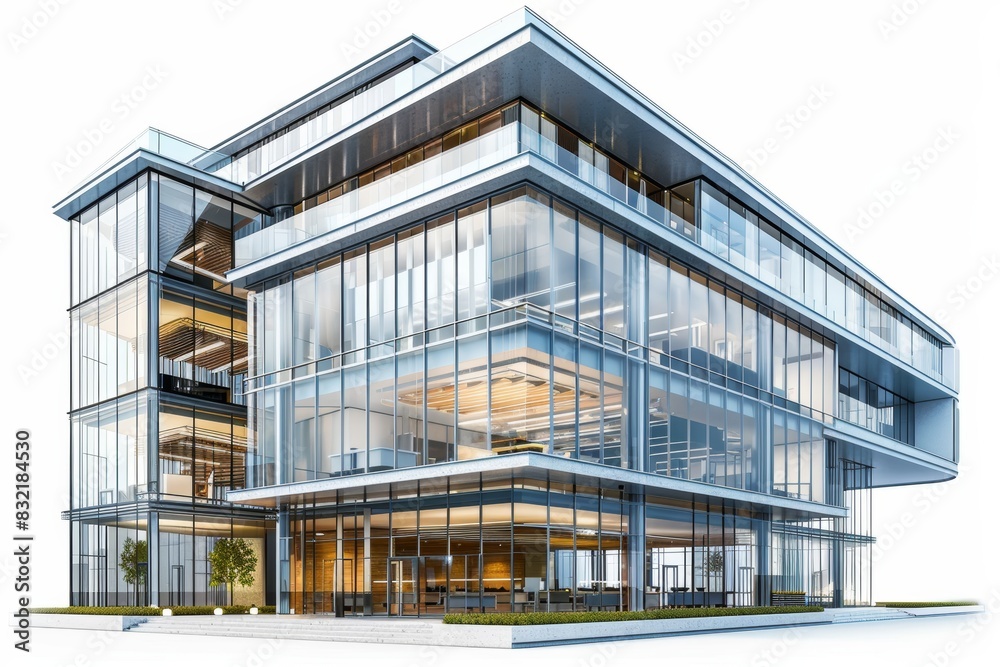 Modern office building with glass facade, isolated white background, high detail, investment opportunity