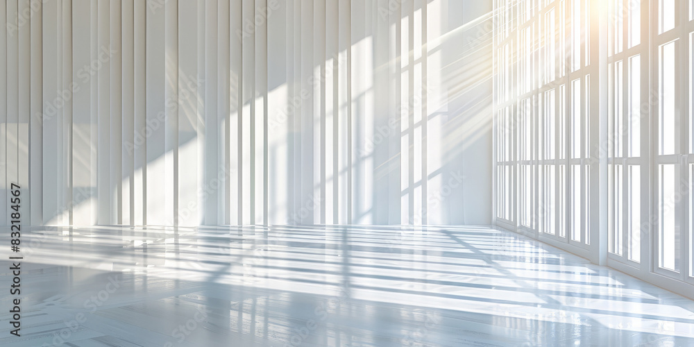Obraz premium empty room with white walls and a light gray floor. Minimalist interior with sunlight streaming through large windows casting long shadows on the polished floor creating a bright and airy atmosphere 
