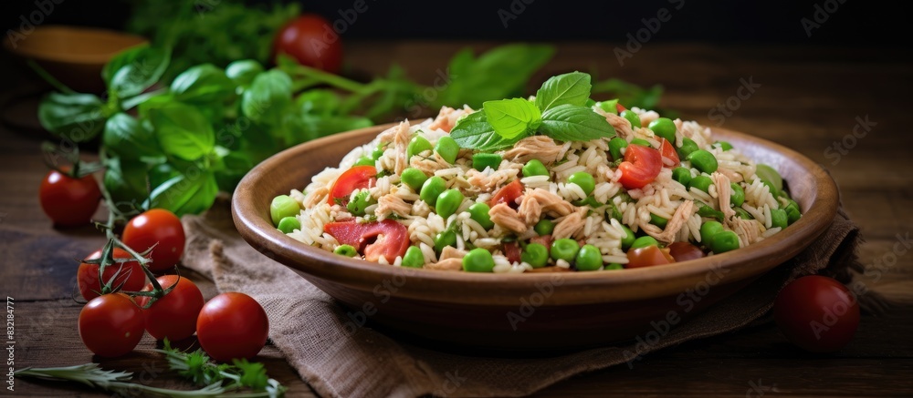 Cold summer salad with rice tuna green pea and tomato rustic style and selective focus. Creative banner. Copyspace image Cold summer salad with rice tuna green pea and tomato rustic style and selective focus. Creative banner. Copyspace image
